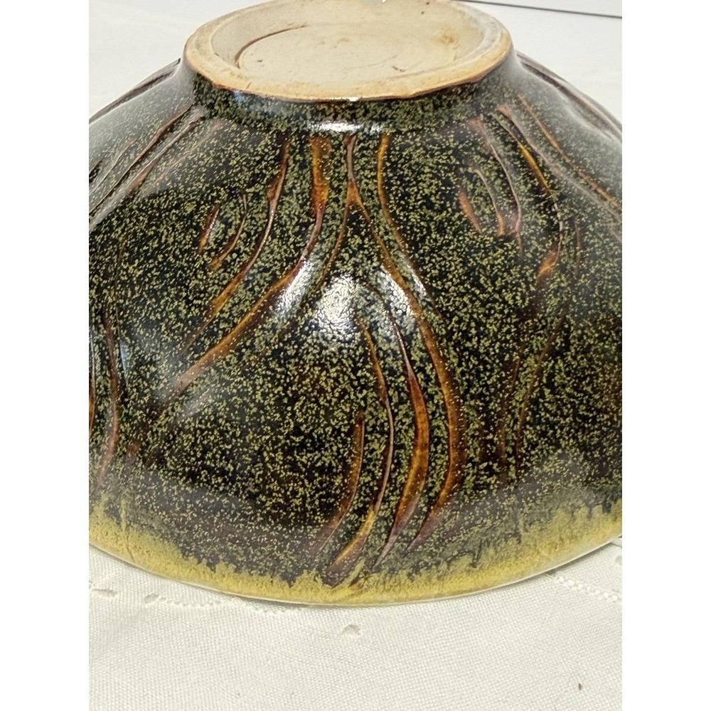 Vtg MCM Studio Art Pottery 7" Bowl Hand Carved Swirls Tenmoku Brown Oil Spot